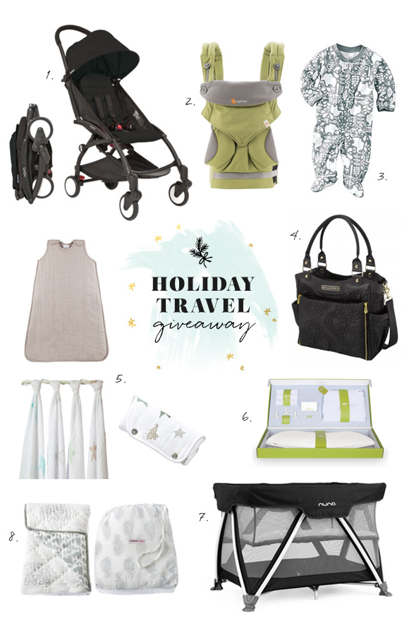Holiday travel with baby giveaway on 100 Layer Cakelet | Featuring the Yoyo stroller, Nuna travel crib, Ergobaby 360, Aden and Anais gift pack, Petunia Pickle Bottom diaper bag, Puj travel tub, Hanna Andersson PJs, and Rikshaw playmat | Enter to win by 11/24 on 100layercakelet.com